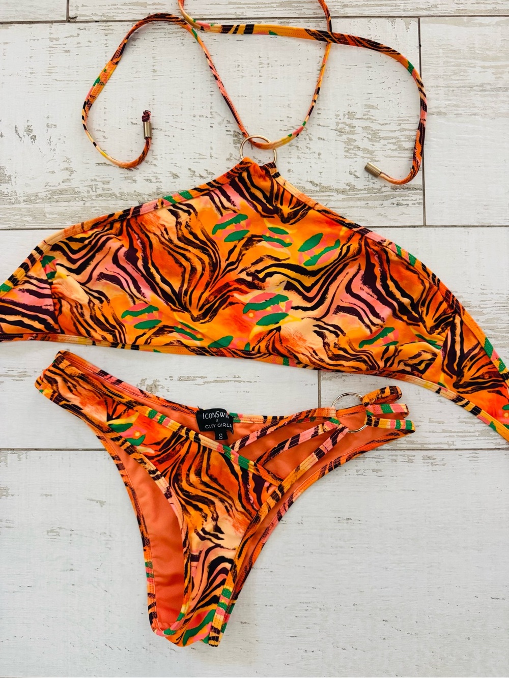 Icon Swim Girls Orange Tiger-Print Halter Bikini